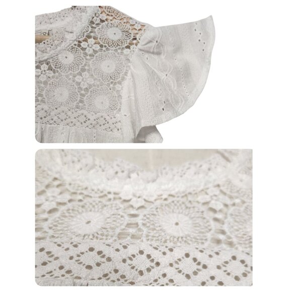 Cato Size XL Blouse Short Flutter Sleeve Eyelet Crochet White Cottage Coastal - Picture 7 of 8